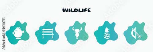 wildlife filled icons set. flat icons such as bench, bull skull, pine, bow and arrow, puffer fish icon collection. can be used web and mobile.