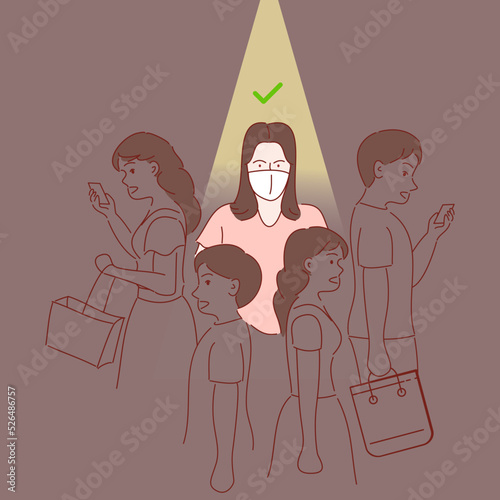 young woman with white medical face mask. Hand drawn style vector illustrations.