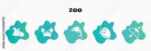 zoo filled icons set. flat icons such as crab, dolphin, hazelnut, bow and arrow, sea lion icon collection. can be used web and mobile.