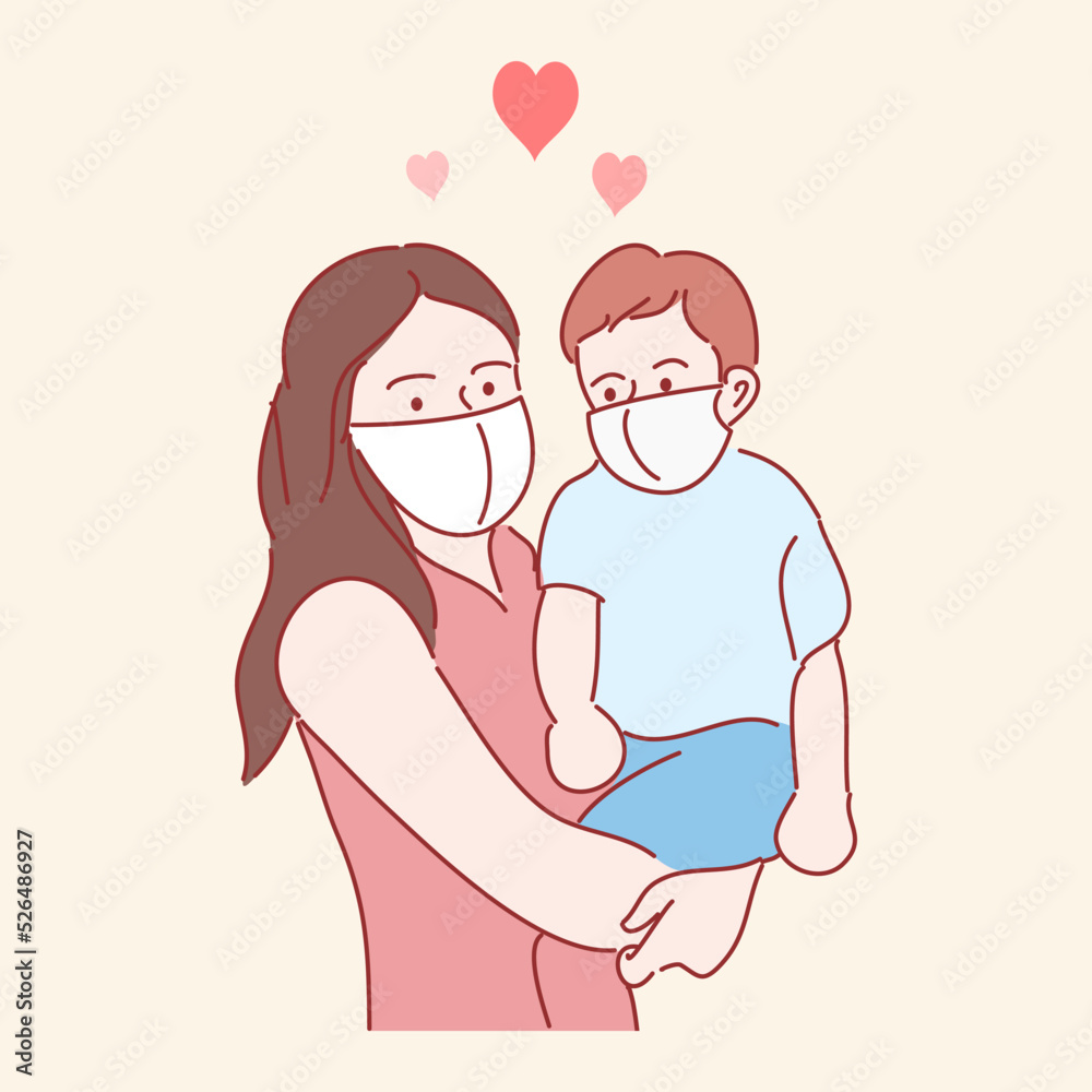 mother and child with white medical face mask. Hand drawn style vector illustrations. mother and child with white medical face mask. Hand drawn style vector illustrations.