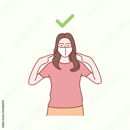 yong woman with white medical face mask. Hand drawn style vector illustrations.