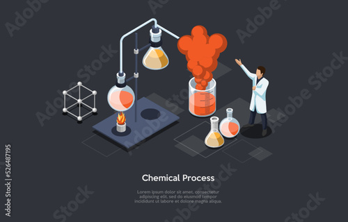 Scientific, Chemistry Research Concept. Scientist Man In Uniform Controls and Manages Chemical Process In Laboratory Using Professional Chemistry Equipment. Isometric Cartoon 3d Vector Illustration