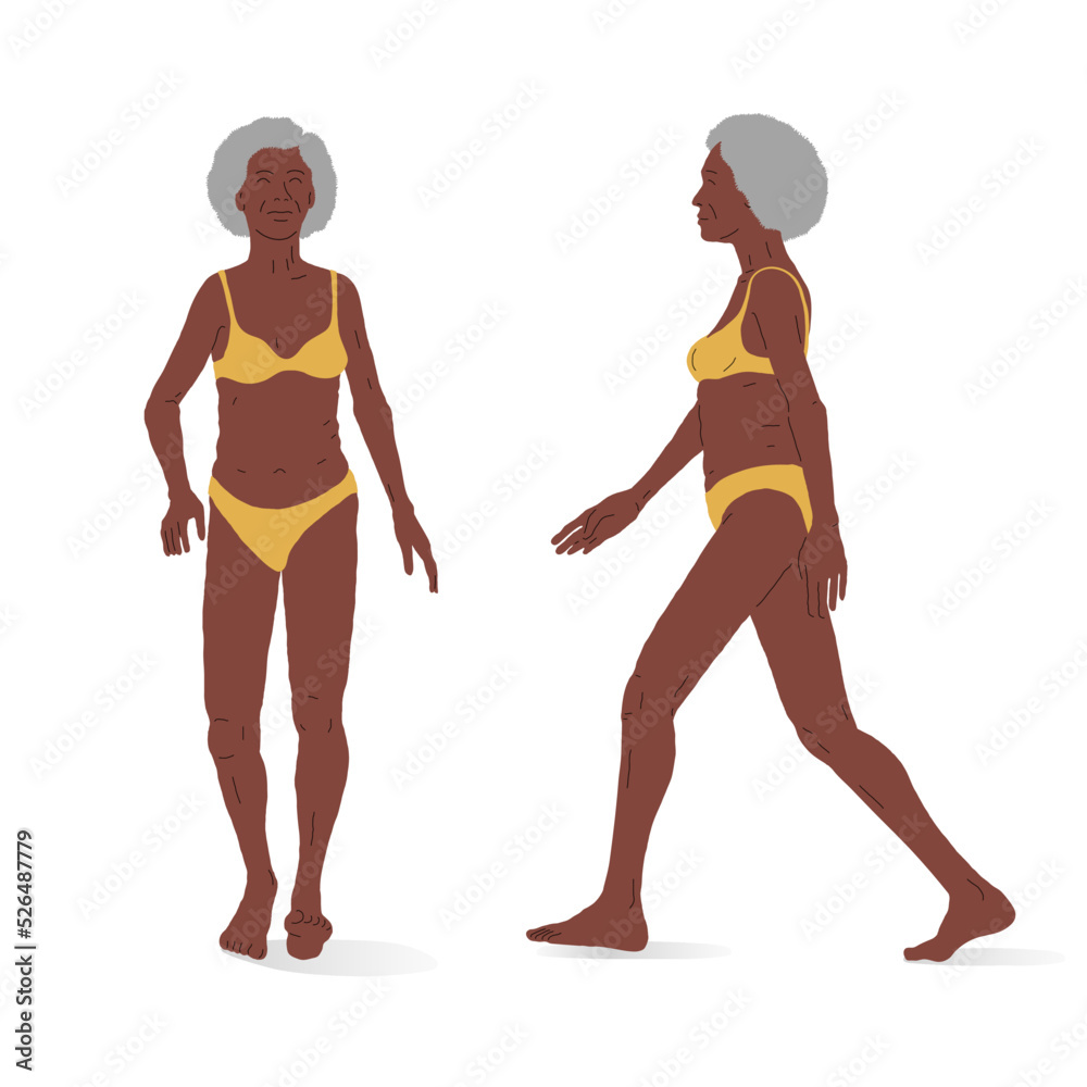 Black elderly woman, whole body. Isometric vector illustration of a standing person, front and side view. Black elderly woman, whole body. Isometric vector illustration of a standing person, front and side view.