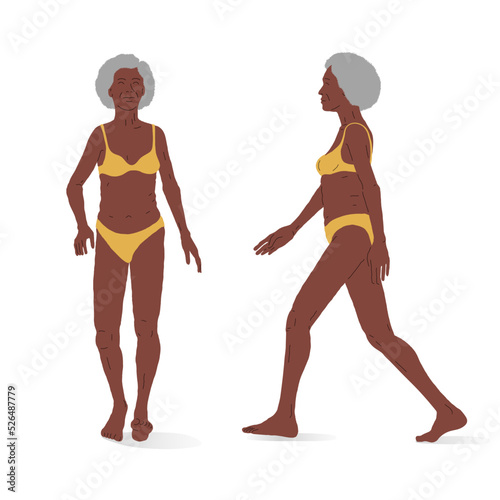 Black elderly woman, whole body. Isometric vector illustration of a standing person, front and side view.
