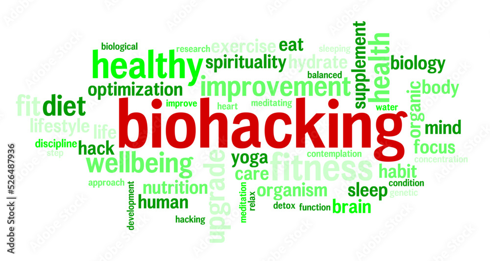 Biohacking wordcloud related to hacking the body and trying to improve it