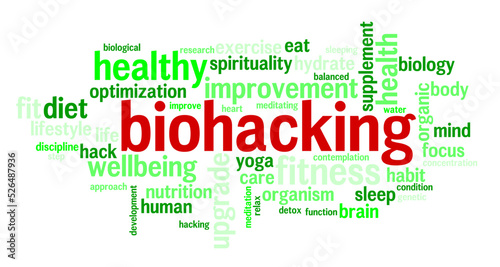 Biohacking wordcloud related to hacking the body and trying to improve it photo