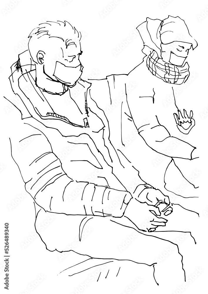 Human silhouette hand drawn one line flat illustration. Set Guy with backpack travels in public transport people wearing mask. line art sketch phone in hands listen music playing game public transport Human silhouette hand drawn one line flat illustration. Set Guy with backpack travels in public transport people wearing mask. line art sketch phone in hands listen music playing game public transport