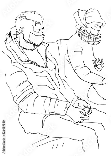 Human silhouette hand drawn one line flat illustration. Set Guy with backpack travels in public transport people wearing mask. line art sketch phone in hands listen music playing game public transport