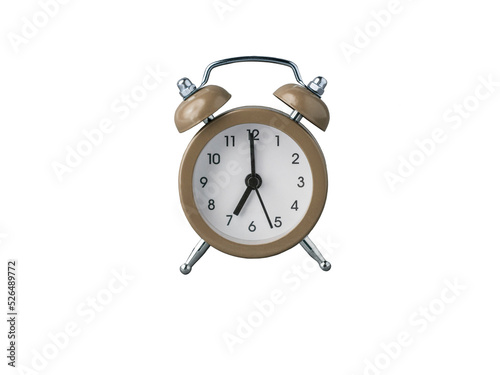 Beige metal retro alarm clock on transparent background. 