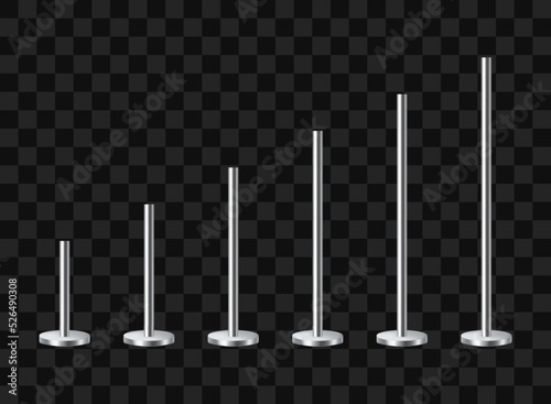 Set of realistic metal poles of different heights. Steel 3d columns isolated on transparent background. Mount or holder for advertising banners. Vector.