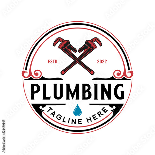 pipe repair vector logo design. the concept of a wrench that can be adjusted with a water faucet icon, for plumbing repairs and home maintenance.