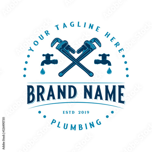 pipe repair emblem logo design. customizable wrench concept and faucet icon, for home plumbing repair business.