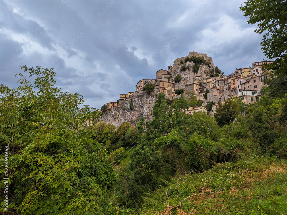 Panoramic view of Cervara di Roma during cloudy day, a beautiful village in Rome Province, Lazio, Italy.