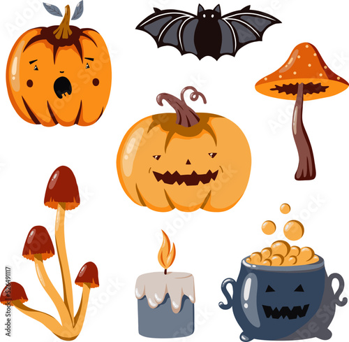 Vector set of Halloween clipart. Funny pumpkins, candle, mushrooms and bat