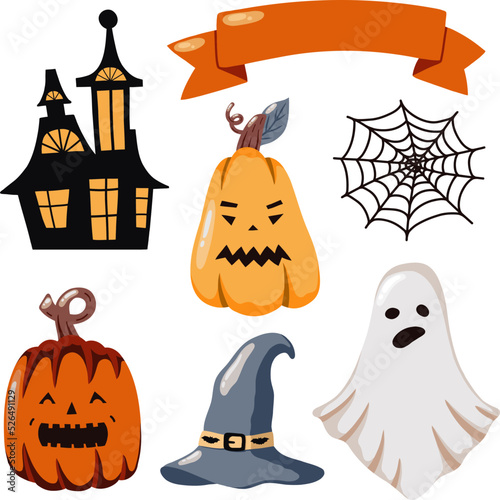 Vector set of Halloween clipart. Pumpkins, spider web, hat, halloween house and ghost