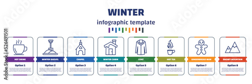 infographic template with icons and 8 options or steps. infographic for winter concept. included hot drink, winter shovel, chapel, winter cabin, coat, hot tea, gingerbread man, snowy mountain icons.
