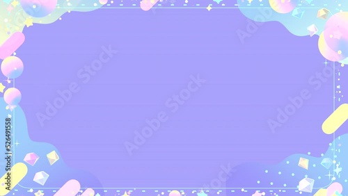 Looped soft pastel frame with bling bling diamonds, stars, rounded rectangles, and colorful gradient circles on a purple background animation.
