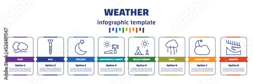 infographic template with icons and 8 options or steps. infographic for weather concept. included haze, bolt, twilight, subtropical climate, indian summer, smog, cloudy night, aurora icons.