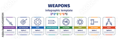 infographic template with icons and 8 options or steps. infographic for weapons concept. included katana with handle, dart board game, blade, japanese nunchaku, no shooting, burst, thor hammer,