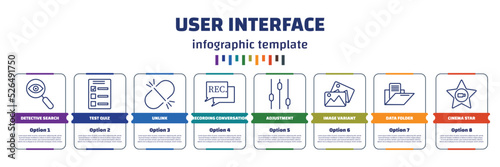 infographic template with icons and 8 options or steps. infographic for user interface concept. included detective search, test quiz, unlink, recording conversation, adjustment, image variant, data
