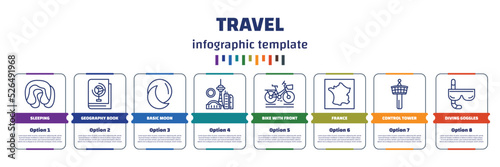 infographic template with icons and 8 options or steps. infographic for travel concept. included sleeping, geography book, basic moon, , bike with front basket, france, control tower, diving