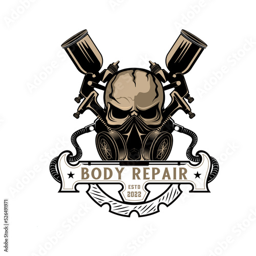skull vector logo design. skull concept with painting tools, for car body repair and polishing.