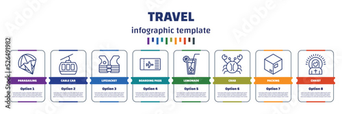 infographic template with icons and 8 options or steps. infographic for travel concept. included parasailing, cable car, lifejacket, boarding pass, lemonade, crab, packing, christ icons.