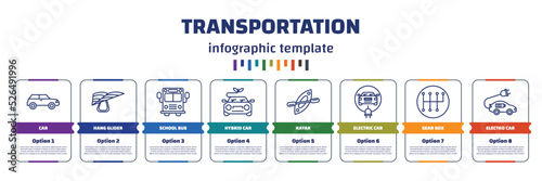 infographic template with icons and 8 options or steps. infographic for transportation concept. included car, hang glider, school bus, hybrid car, kayak, electric car, gear box, electro icons.