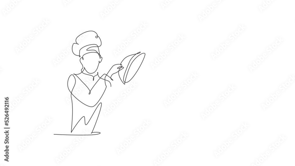 Self drawing animation of single one line draw young attractive male chef serving delicious cuisine on restaurant. Holding and opening tray cloche template one line hand drawn. Full length animated.