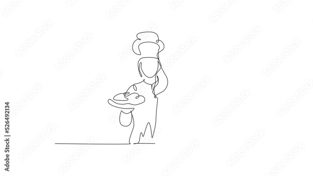 Animated self drawing of continuous line draw beauty female chef opening cloche tray to serve main dish to customer at hotel restaurant. Excellent service concept. Full length single line animation. Animated self drawing of continuous line draw beauty female chef opening cloche tray to serve main dish to customer at hotel restaurant. Excellent service concept. Full length single line animation.