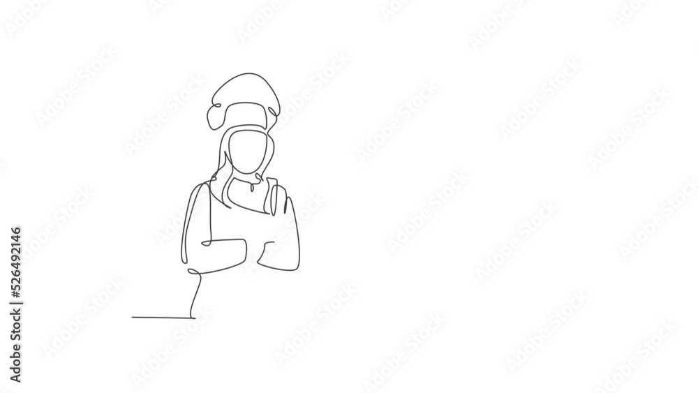 Animated self drawing of single continuous line draw young confident beauty female chef in uniform pose standing and crossing arm in chest. Resto banner model concept. Full length one line animation. Animated self drawing of single continuous line draw young confident beauty female chef in uniform pose standing and crossing arm in chest. Resto banner model concept. Full length one line animation.