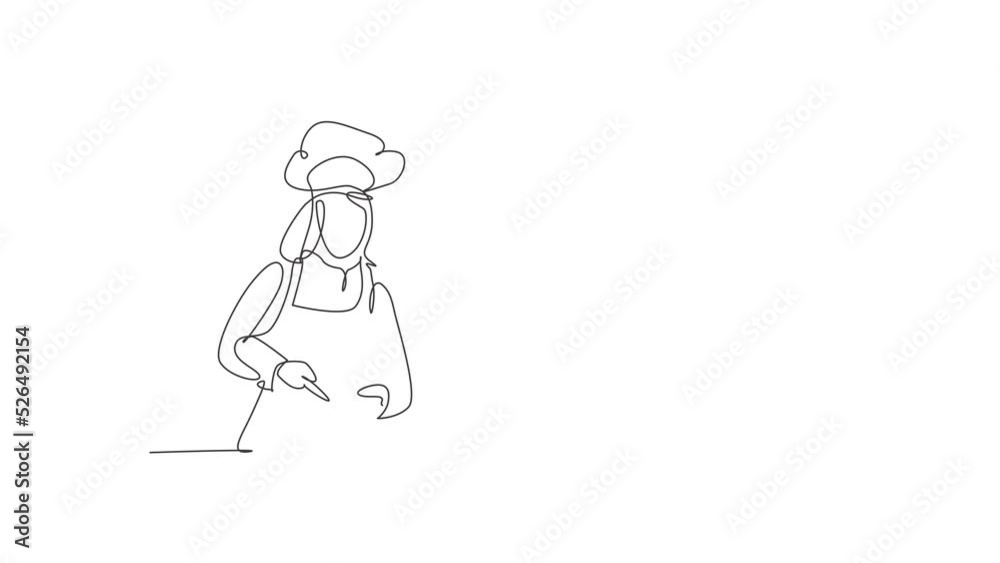 Self drawing animation of single line draw young beauty female chef stirring soup on pan to mix seasoning. Healthy organic vegan food template one line hand drawn. Full length animated illustration. Self drawing animation of single line draw young beauty female chef stirring soup on pan to mix seasoning. Healthy organic vegan food template one line hand drawn. Full length animated illustration.