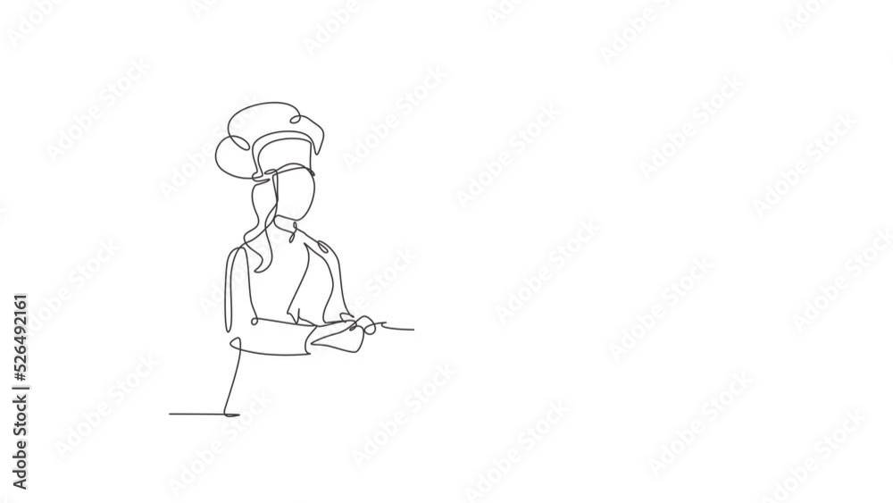 Animated self drawing of single continuous line draw young confident beauty female chef throwing ingredient on pan while sauteing the food. Healthy food concept. Full length one line animation. Animated self drawing of single continuous line draw young confident beauty female chef throwing ingredient on pan while sauteing the food. Healthy food concept. Full length one line animation.