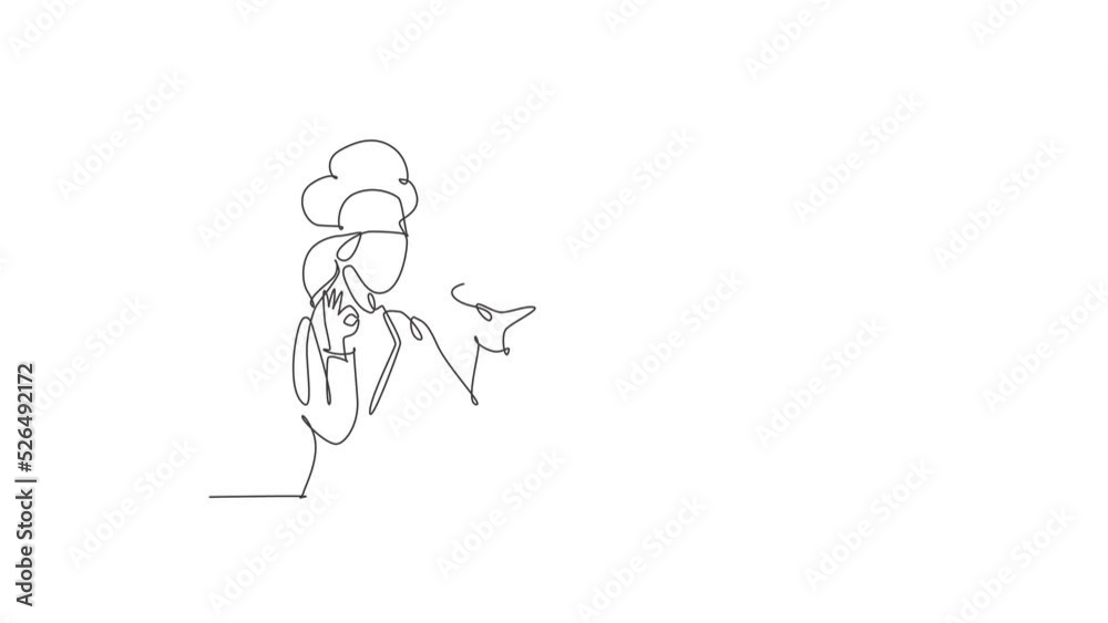 Self drawing animation of single line draw young beauty female chef give tasting good gesture while serving main dish at restaurant. Delicious food taste one line hand drawn. Full length animated. Self drawing animation of single line draw young beauty female chef give tasting good gesture while serving main dish at restaurant. Delicious food taste one line hand drawn. Full length animated.