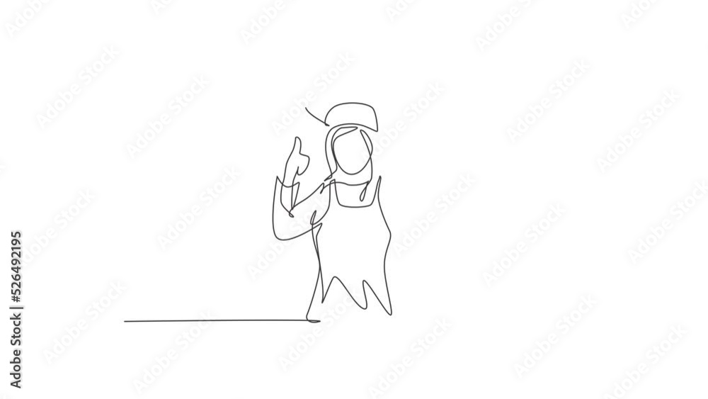 Animated self drawing of continuous one line draw young happy beauty female chef giving thumbs up gesture. Excellent taste of food in hotel restaurant concept. Full length single line animation. Animated self drawing of continuous one line draw young happy beauty female chef giving thumbs up gesture. Excellent taste of food in hotel restaurant concept. Full length single line animation.