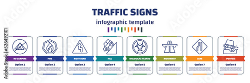 infographic template with icons and 8 options or steps. infographic for traffic signs concept. included no camping, fire, right bend, hill, biological hazard, motorway, lane, pothole icons.