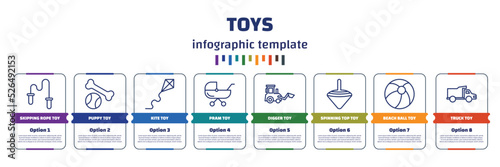 infographic template with icons and 8 options or steps. infographic for toys concept. included skipping rope toy, puppy toy, kite toy, pram digger spinning top beach ball truck icons.