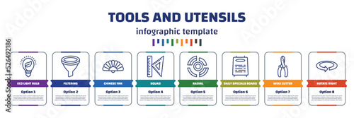 infographic template with icons and 8 options or steps. infographic for tools and utensils concept. included eco light bulb, filtering, chinese fan, squad, radial, daily specials board, wire cutter,