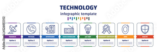 infographic template with icons and 8 options or steps. infographic for technology concept. included parabolic, reciever, entertainer, radio journalism, led lamp, warranty certificate, zero, shields
