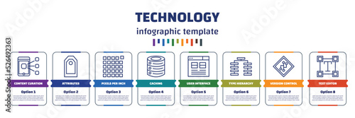 infographic template with icons and 8 options or steps. infographic for technology concept. included content curation, attributes, pixels per inch, caching, user interface, type hierarchy, version