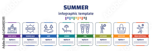 infographic template with icons and 8 options or steps. infographic for summer concept. included sand castle, summer sale, lake, sunbed, fins, life guard, beach bag, beach volleyball icons.
