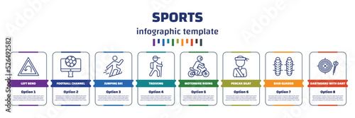 infographic template with icons and 8 options or steps. infographic for sports concept. included left bend, football channel, jumping ski, trekking, motorbike riding, pencak silat, shin guards,