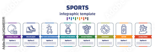 infographic template with icons and 8 options or steps. infographic for sports concept. included baseball helmet, roller skate, boy with skatingboard, weight lifting medal, soccer football ball,