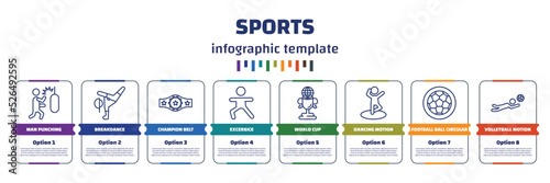 infographic template with icons and 8 options or steps. infographic for sports concept. included man punching, breakdance, champion belt, excersice, world cup, dancing motion, football ball