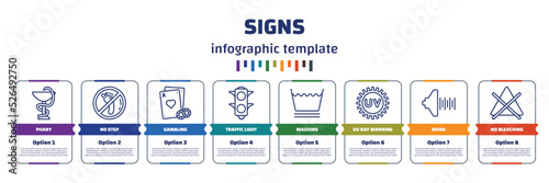 infographic template with icons and 8 options or steps. infographic for signs concept. included phary, no step, gambling, traffic light, washing, uv ray warning, noise, no bleaching icons.