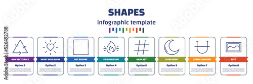 infographic template with icons and 8 options or steps. infographic for shapes concept. included non recyclable, heart with shine, dot square, fire over line, hash key, clear night, strike through,