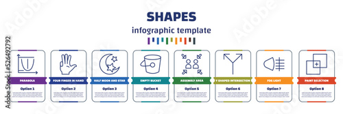 infographic template with icons and 8 options or steps. infographic for shapes concept. included parabola, four finger in hand, half moon and star, empty bucket, assembly area, y shaped