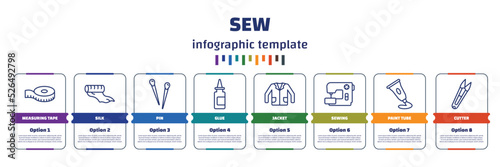 infographic template with icons and 8 options or steps. infographic for sew concept. included measuring tape, silk, pin, glue, jacket, sewing, paint tube, cutter icons.