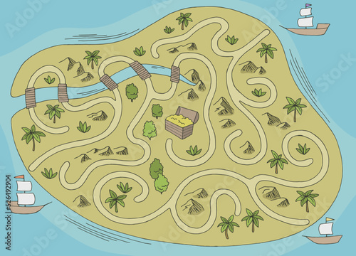 Treasure maze graphic color sketch top aerial view illustration vector