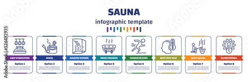 infographic template with icons and 8 options or steps. infographic for sauna concept. included light stimulation, banja, dousing shower, snow paradise, adrenalin rush, body heat gain, earth sauna,